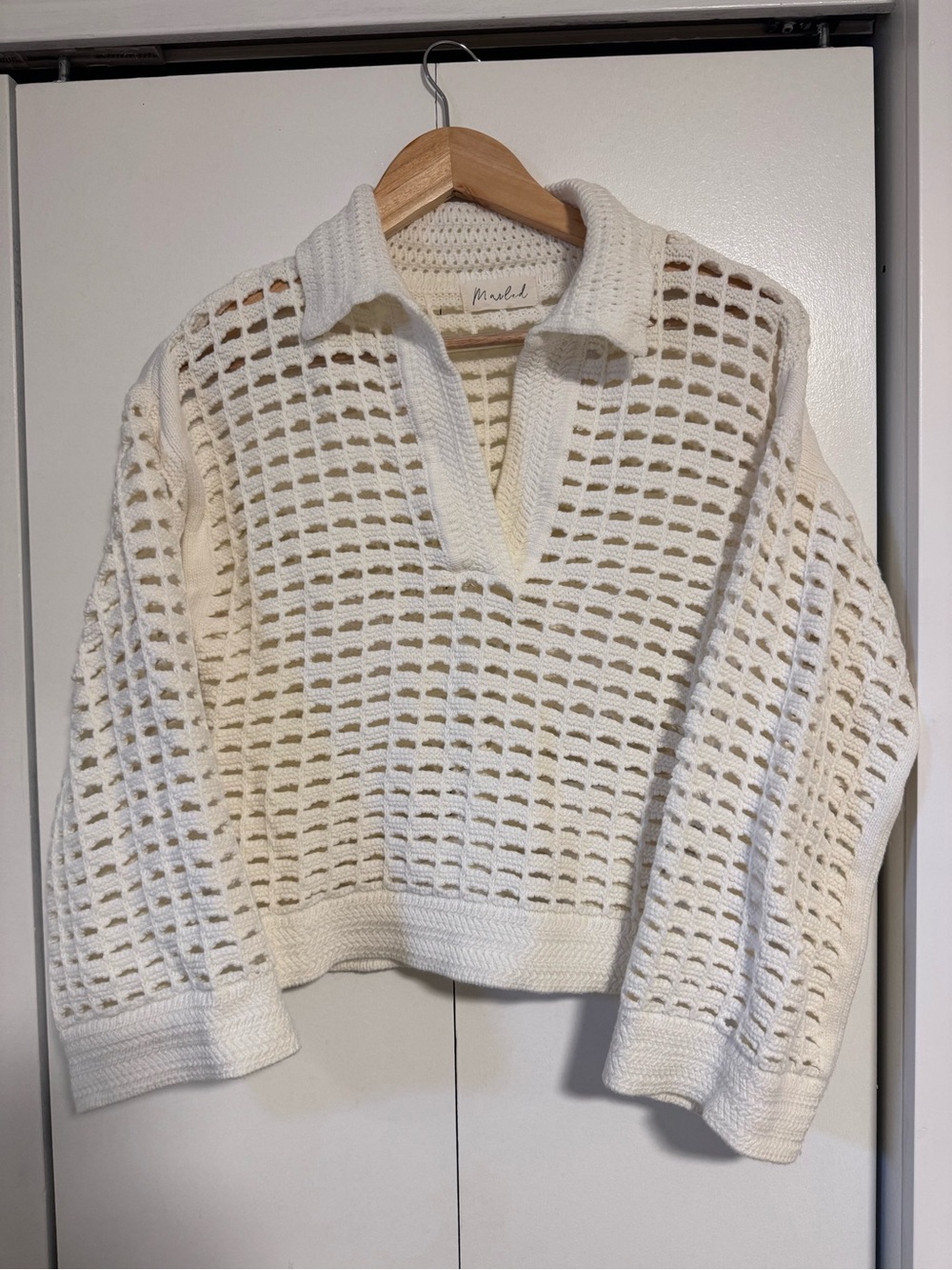 Marled Cream Open-Knit Collared V-Neck Sweater